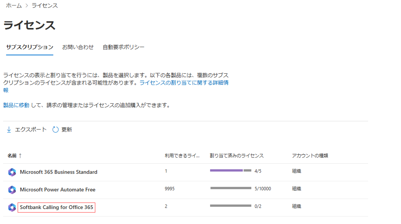 MS365のライセンス画面